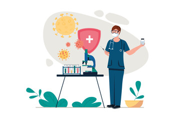 Corona virus concept with people scene in the flat cartoon design. Doctor makes tests in the laboratory for the detection of corona virus. Vector illustration.