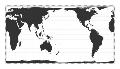 Vector world map. Cylindrical equal-area projection. Plan world geographical map with latitude/longitude lines. Centered to 180deg longitude. Vector illustration.
