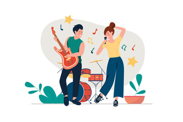 Musical instruments concept with people scene in the flat cartoon design. Boy plays the guitar and the girl sings to him into the microphone. Vector illustration.