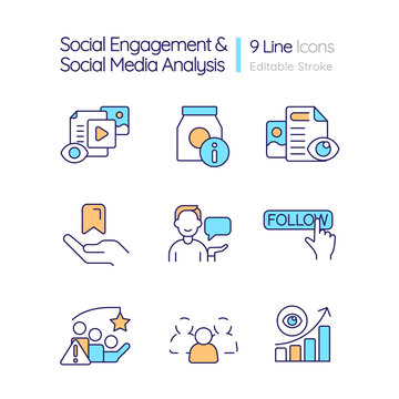 Social media analysis RGB color icons set. Audience engagement. Users interaction. Isolated vector illustrations. Simple filled line drawings collection. Editable stroke. Quicksand-Light font used
