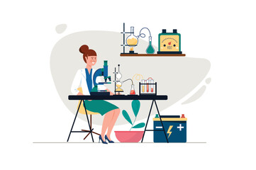 Concept Science with people scene in the flat cartoon style. Woman is engaged in research activities in a chemical laboratory. Vector illustration.