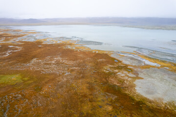 aerial landscape of The Tso Kar or Tsho kar is a fluctuating salt lake known for its size and depth situated in the Rupshu Plateau and valley in the southern part of Ladakh in India