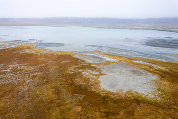 aerial landscape of The Tso Kar or Tsho kar is a fluctuating salt lake known for its size and depth situated in the Rupshu Plateau and valley in the southern part of Ladakh in India