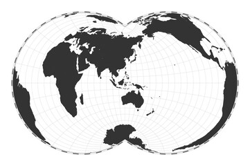Vector world map. Nicolosi globular projection. Plan world geographical map with latitude/longitude lines. Centered to 120deg W longitude. Vector illustration.