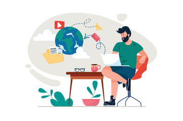 Concept Internet with people scene in the flat cartoon design. Man uses the Internet for correspondence, searching for information and watching videos. Vector illustration.