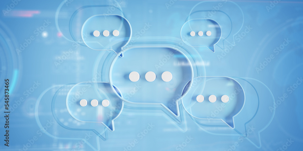 Wall mural minimalist blue speech bubbles talk icons floating over background. modern conversation or social me