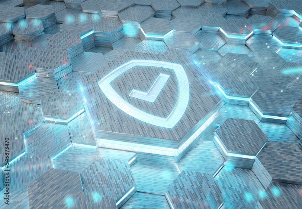 Poster Shield icon concept engraved on hexagonal pedestral background. Security Logo glowing on abstract digital surface. 3d rendering