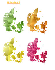 Set of vector polygonal maps of Denmark. Bright gradient map of country in low poly style. Multicolored Denmark map in geometric style for your infographics. Attractive vector illustration.
