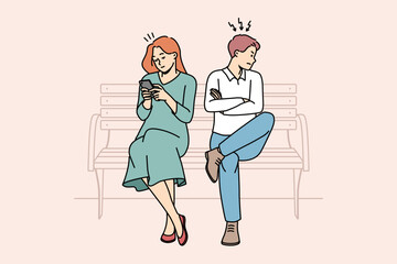 Angry man mad at busy woman using cellphone texting or messaging online in gadget. Stubborn couple sit on bench have relationship problems. Vector illustration. 