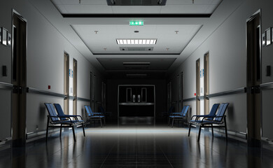 Long dark hospital corridor with rooms and seats 3D rendering. Empty accident and emergency interior with bright lights lighting the hall from the ceiling