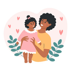 Afro American woman with a child, twigs and hearts around. Mother holding baby girl daughter. Motherhood, maternity leave, baby care, mothers day, happy family or single mother concept.
