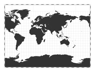 Vector world map. Miller cylindrical projection. Plan world geographical map with latitude/longitude lines. Centered to 60deg W longitude. Vector illustration.