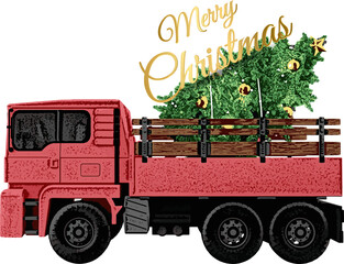 Red old christmas truck carrying a Christmas tree with merry christmas font.Vector cartoon illustration.