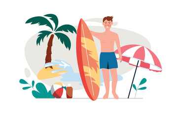 Obraz na płótnie Canvas Concept Summer with people scene in the flat cartoon design. Man is surfing on the sea during summer vacation. Vector illustration.