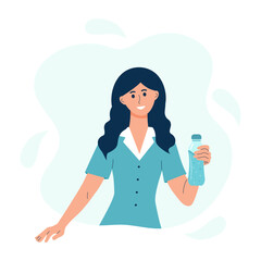 Young woman holding a bottle of water. Healthy lifestyle, diet, health care, healthy habits and the daily rate of water concept.