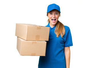 Delivery caucasian woman over isolated background with surprise facial expression