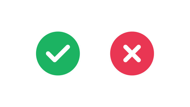 Checkmark icons tick and cross sign green check mark and red x cross on white background. Circle shape yes correct and no wrong button vector illustration graphic.