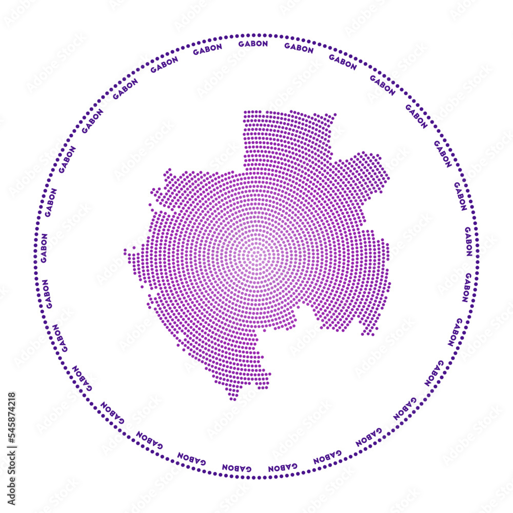 Poster gabon round logo. digital style shape of gabon in a dotted circle with the country's name. tech icon
