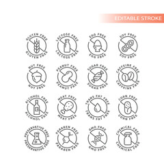 Food ingredients and allergen vector icon set. Gluten, lactose and alcohol free, no preservatives label badge set. 