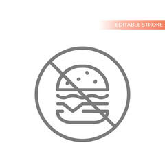 No junk food line vector icon. Burger crossed, healthy eating, do not eat unhealthy food outlined sign.