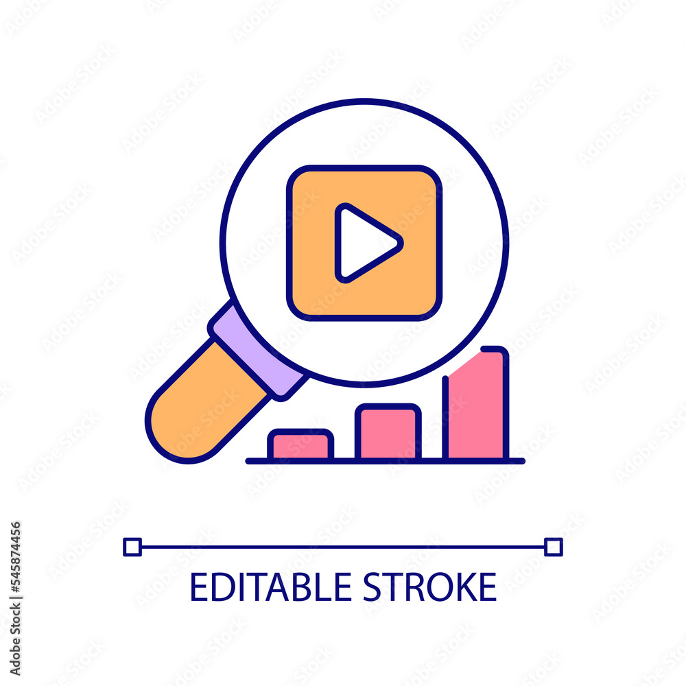 Poster Analyzing video performance RGB color icon. Data analysis. Content creation. Digital marketing. Social media. Isolated vector illustration. Simple filled line drawing. Editable stroke. Arial font used