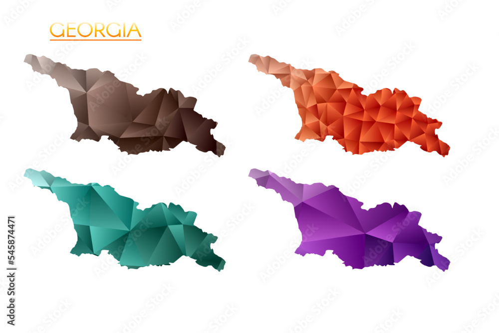 Poster set of vector polygonal maps of georgia. bright gradient map of the country in a low poly style. mul