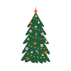 Xmas tree with festive baubles, balls. Christmas holiday fir decorated with winter decoration, ornament, candy canes, lights garland, bells. Flat vector illustration isolated on white background