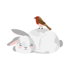 Sleeping christmas bunny with robin bird. Winter bunny, hare. Happy new year 2023. Chinese Lunar New Year 2023, year of the rabbit. Vector cartoon illustration.