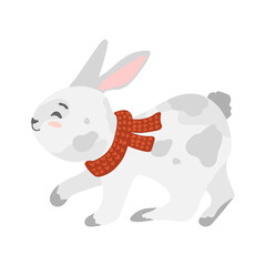 Christmas Rabbit in red scarf. Winter bunny, hare. Happy new year 2023. Chinese New Year of the rabbit. Isolated vector illustration for print, textile, pet icon, kids design