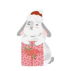 Christmas Rabbit with gift box, present in santa hat. Winter bunny, hare. Happy new year 2023. Chinese New Year of the rabbit. Isolated vector illustration for print, textile, pet icon, kids design