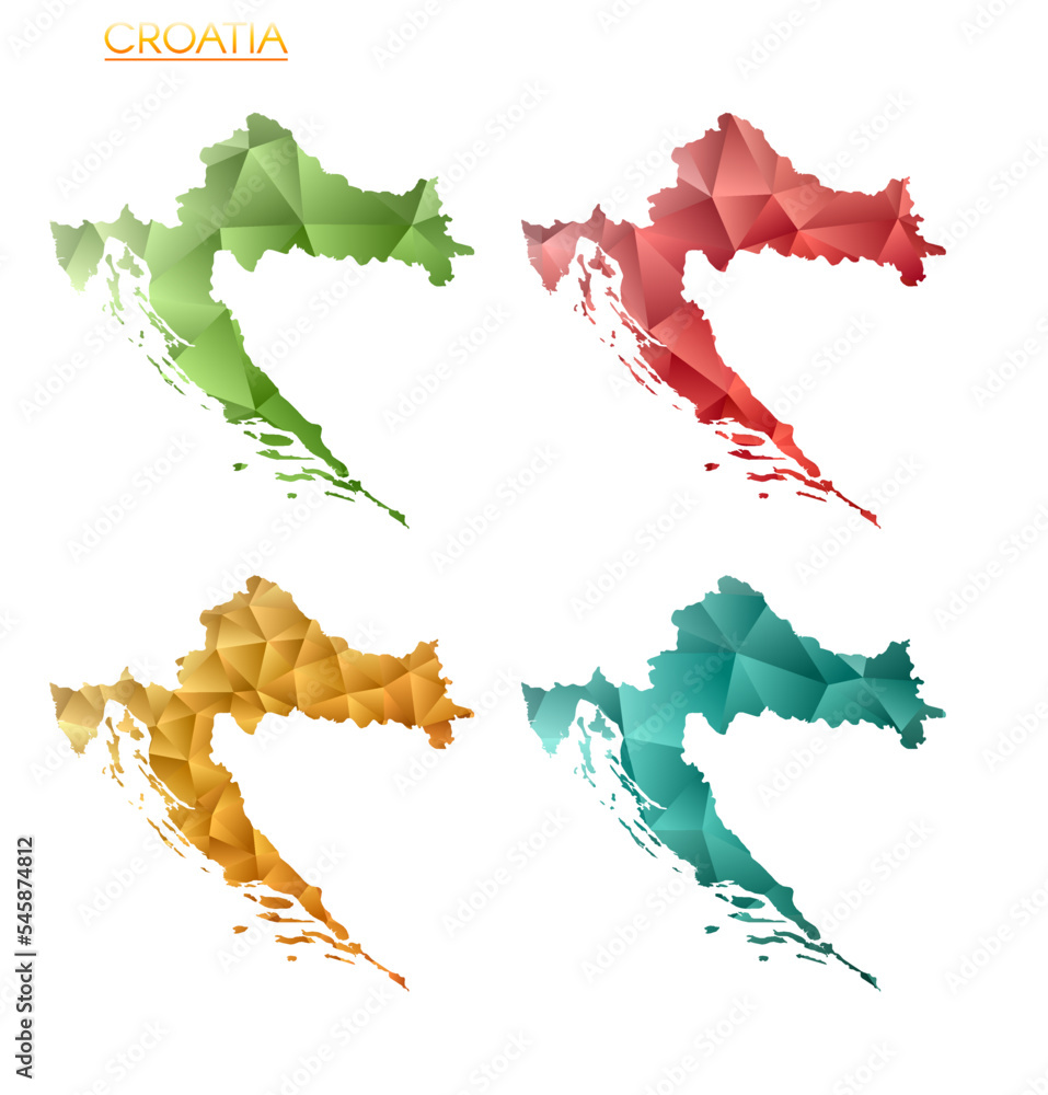 Poster set of vector polygonal maps of croatia. bright gradient map of the country in a low poly style. mul