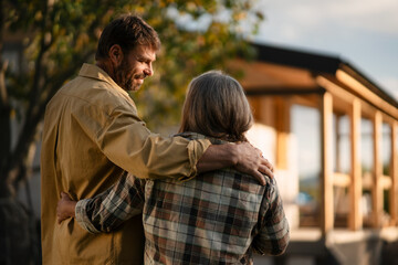 Rear view of mature couple looking at their new house under construction, planning future and...