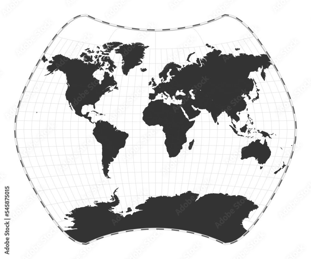 Poster vector world map in larrivee projection. a geographical map with latitude and longitude lines, cente