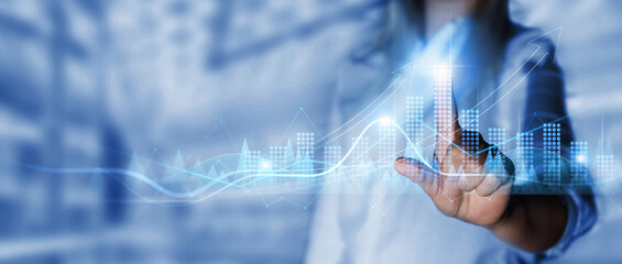 Business person drawings growth graph of business. Business development, financial plan and...