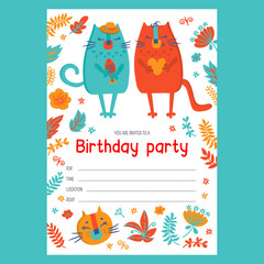 CAT GIRL INVITES BIRTHDAY Two Kitten Holding Orange Heart And Red Fish Cartoon Hand Drawn Sketch In Flat Design And Text Banner With Date And Time Vector Print