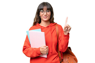 Young student caucasian woman over isolated background pointing up a great idea