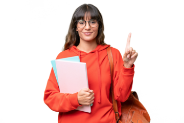 Young student caucasian woman over isolated background pointing up a great idea