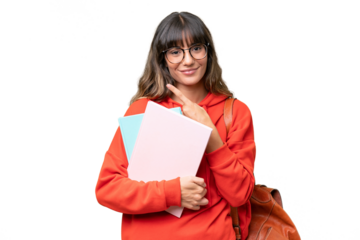 Young student caucasian woman over isolated background pointing to the side to present a product