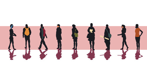 Set of nine silhouettes of different people with colored silhouettes of bags, briefcases, clothes or faces. Isolated vector illustration with burgundy shadow on white and pink background.