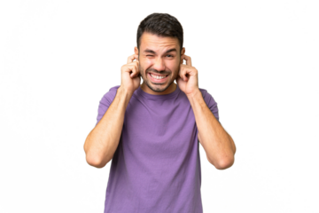 Young handsome caucasian man over isolated background frustrated and covering ears