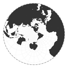 Vector world map. Stereographic. Plan world geographical map with latitude/longitude lines. Centered to 120deg E longitude. Vector illustration.