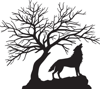 Silhouette of Howling Wolf and Scary Bare Black Tree. Vector Illustration.
