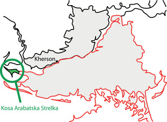 Kosa Arabatska Strelka. Map of Kherson, Ukraine. Schematic representation of the Kherson region. War in Ukraine 2022. Liberation of Kherson.