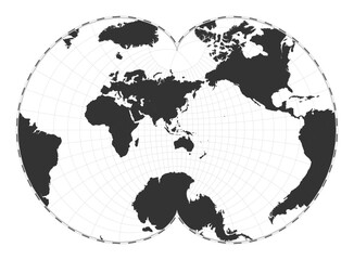 Vector world map. August's epicycloidal conformal projection. Plan world geographical map with latitude/longitude lines. Centered to 120deg W longitude. Vector illustration.