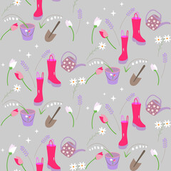 pattern of spring garden flowers and garden items on a gray background