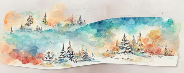 Christmas landscape, watercolor paint illustration, holiday background for greeting card, invitation.