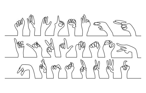 sign language alphabet with hands one line drawing set concept