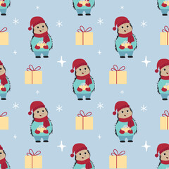 Christmas pattern with hedgehog. Winter pattern with hedgehog, wrapping paper, winter greetings, web page background, Christmas and New Year greeting cards