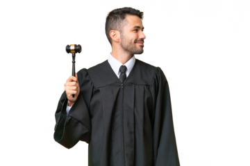 Judge caucasian man over isolated background looking side