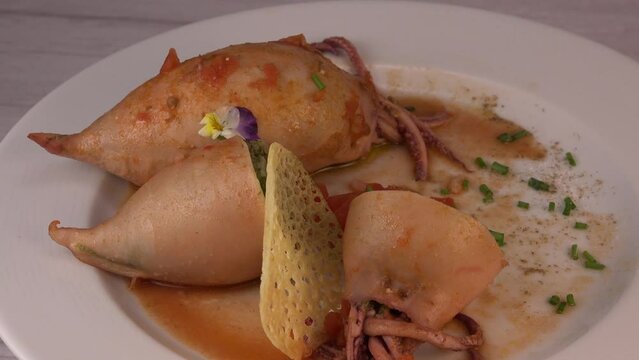 RECIPE FOR STUFFED SQUID, RIZOTTO AND SPINACH PESTO, HOMEMADE TOMATO SAUCE, High quality video